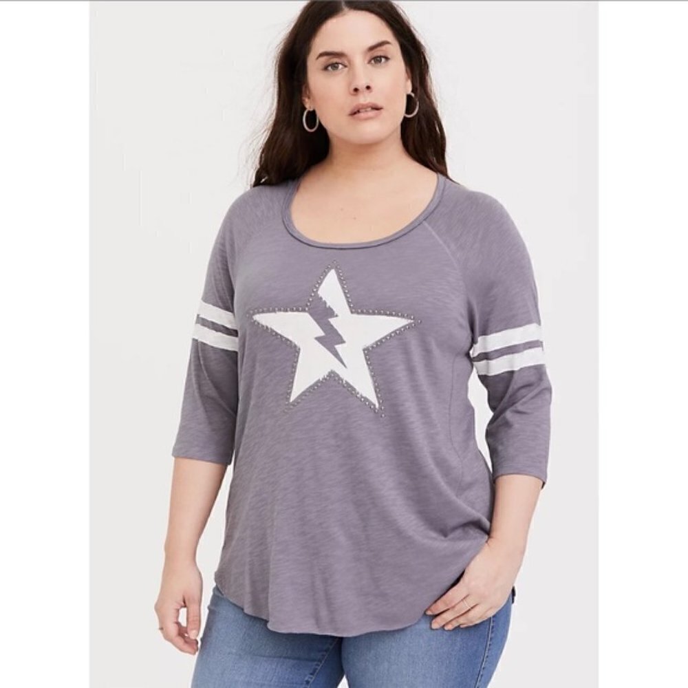 Torrid Slate Grey Bolt Star Studded Striped Football Tee Shirt Top Size 00